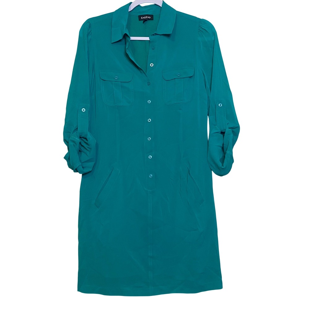 Bebe Teal Silk Blend Button Down Roll Tab Sleeve Shirt Mini Dress Small